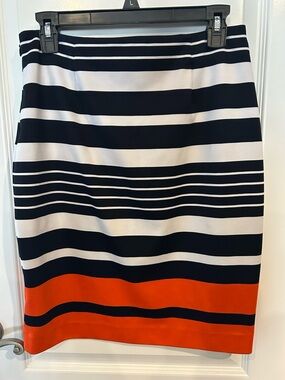 Michael Kors Navy, White & Orange Striped Pencil Skirt